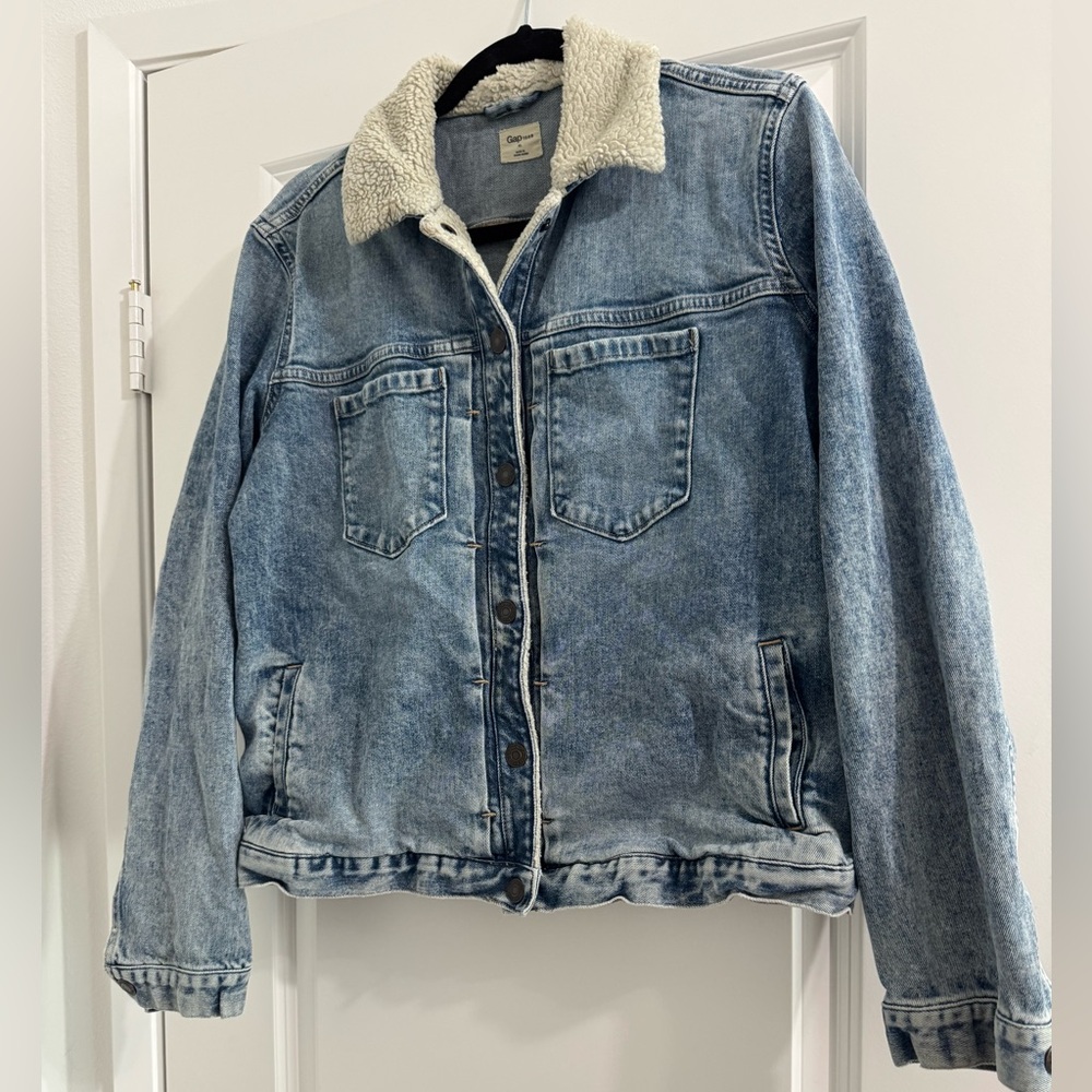 Gap 1969 Blue Icon Sherpa Collar Denim Jacket Womens XL Button Down Light Wash